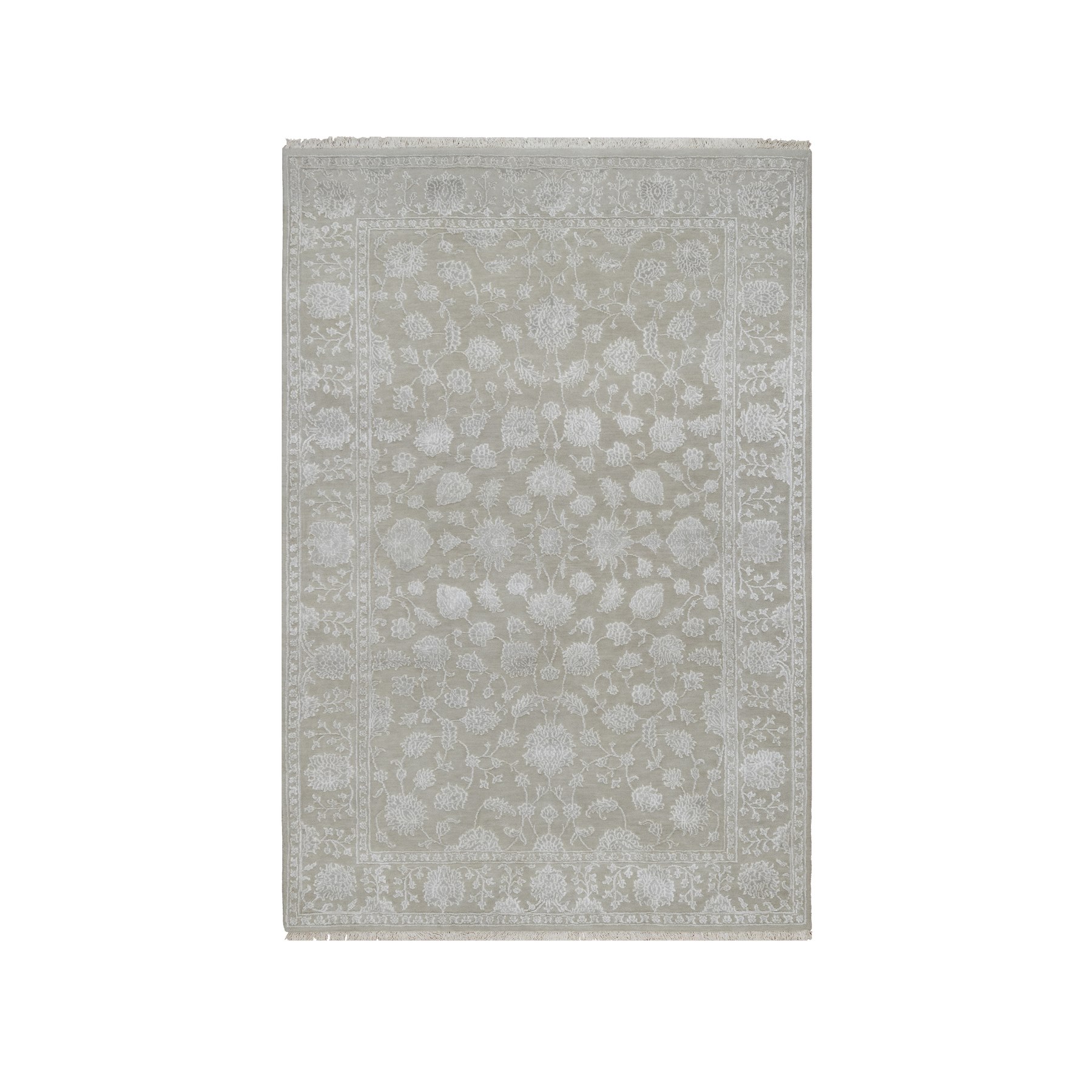 Fossil Gray, Wool and Plant Based Silk, Light Tone on Tone with Persian Design, Thick and Plush, 200 KPSI, Hand Knotted, Oriental Rug